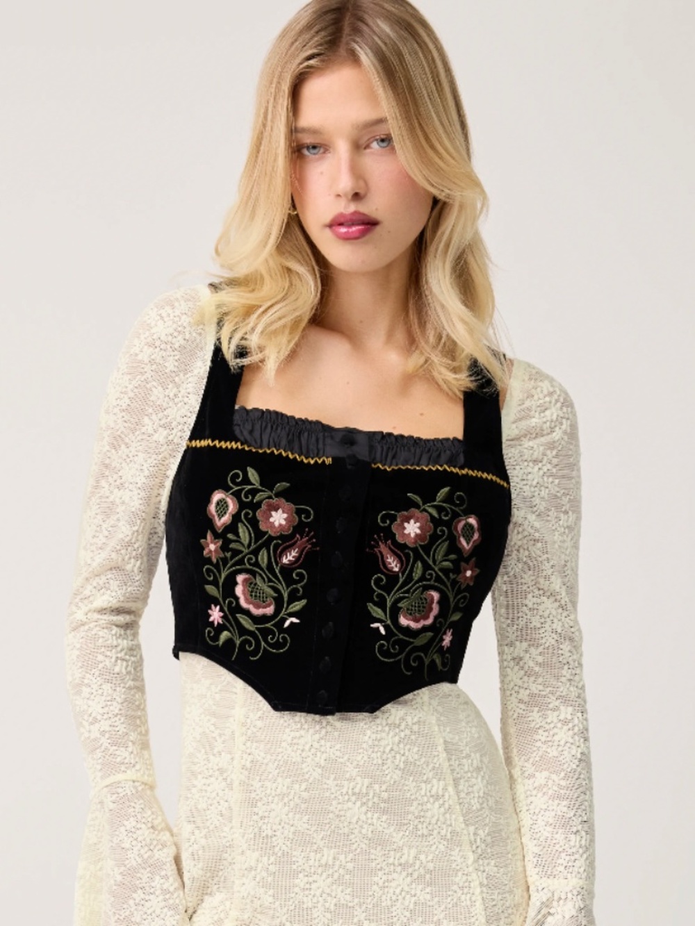 Cider black velvet embroidered corset vest NWT